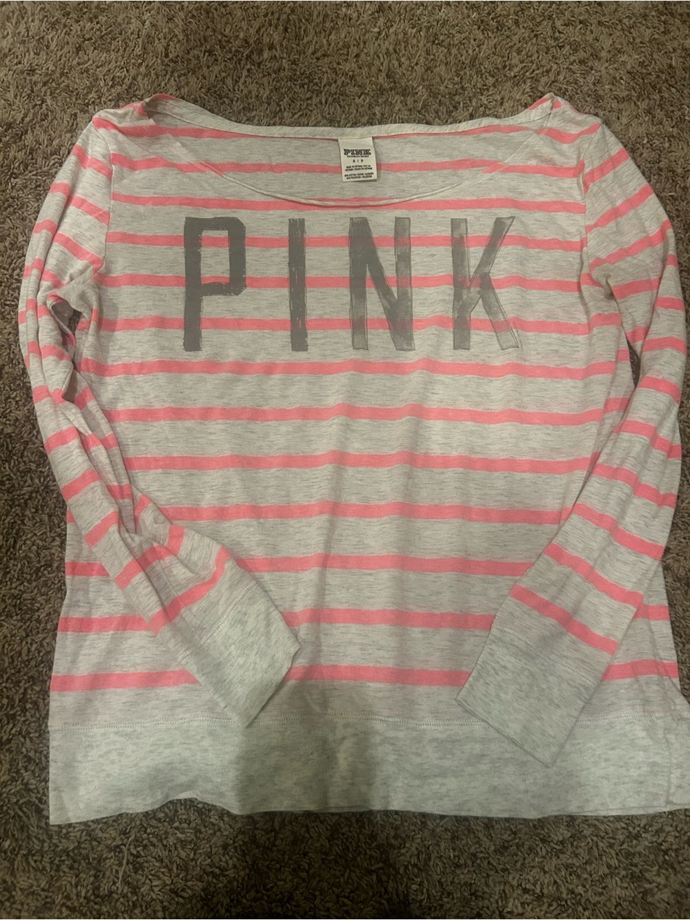 PINK Victoria's Secret Gray and Pink Striped Scoop Neck Shirt